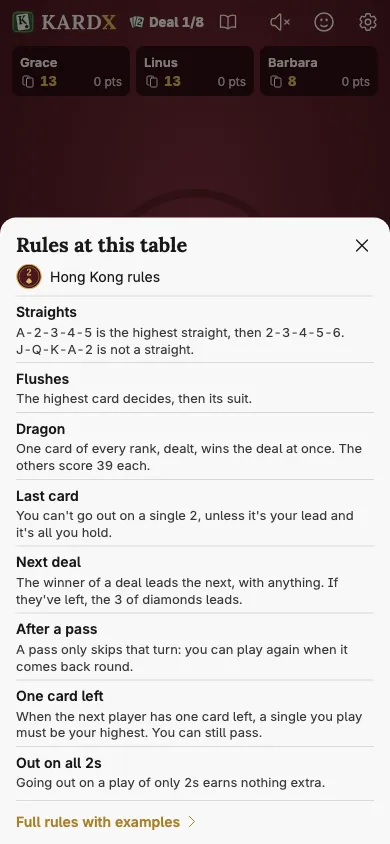 A phone showing “Rules at this table”: the eight rules, one line each.