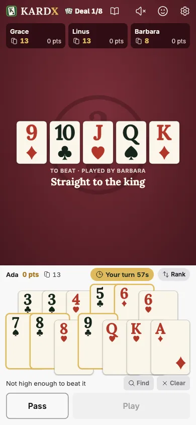A phone with a straight to the 9 picked, under “Not high enough to beat it”; Play is off.