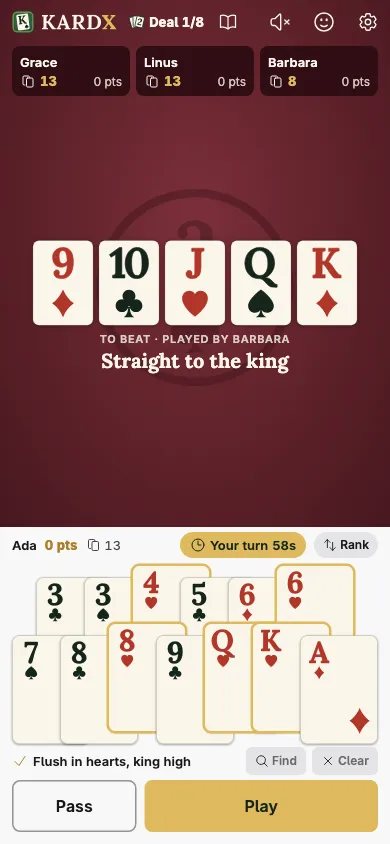 A phone with five hearts picked over a straight to the king; Play is lit.