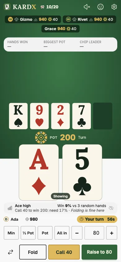 A phone on the turn card, facing a bet of 40: the buttons read Fold, Call 40 and Raise to 80