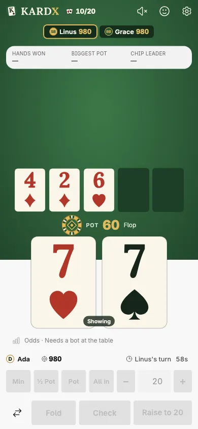 A phone during a hand: the other players along the top, the board and the pot on the felt, two cards, and the betting buttons
