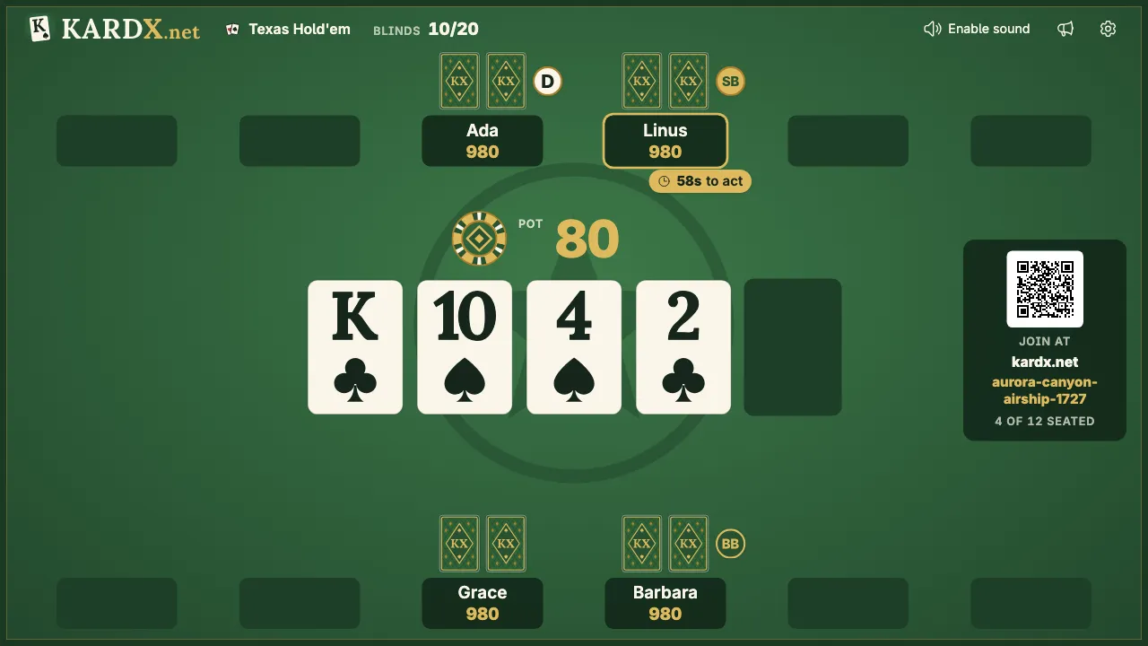 The TV during a hand: four cards on the board, the pot in the middle, and one seat ringed in gold with its clock