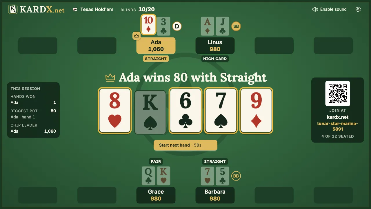 The TV at showdown: the players' cards face up, the winning cards lifted, and the winner's seat in gold