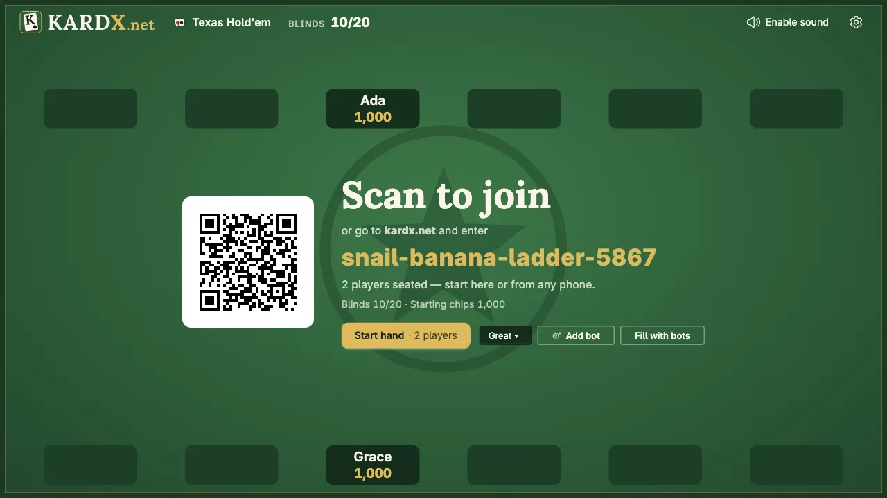 The table before the first hand: two players seated, a QR code, the table's code and the Start hand button