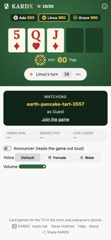 The watch page on a phone: the table and the board, with no cards in hand