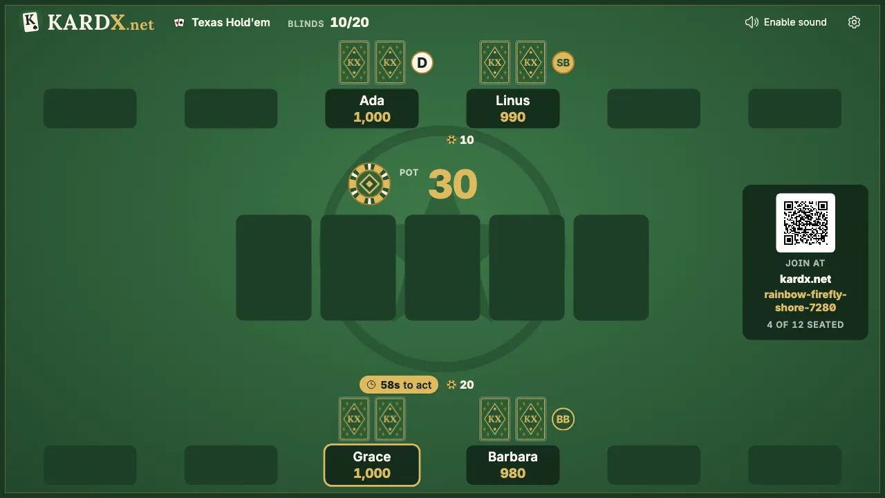 The TV at the start of a hand: the dealer button and the two blinds marked at their seats